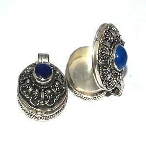 Sterling Silver Bali Round Prayer Box or Urn Pendant with Blue Agate