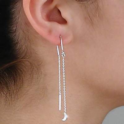 Sterling Silver Crescent Moon Dangle Ear Thread Earring