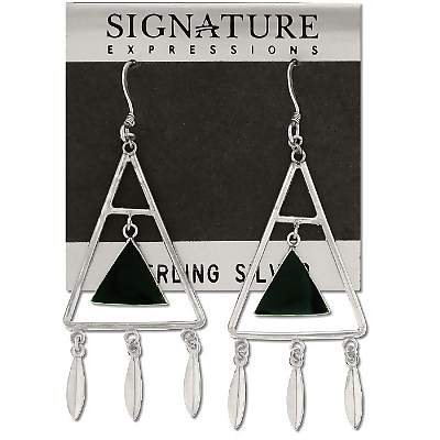 Sterling Silver Black Onyx Inlaid Triangle Suspened in Triangle with Feathers Hoop Earriings