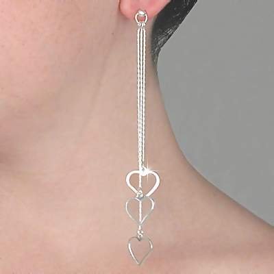 Sterling Silver 3 Linear Dangles Earrings w/ Heart Charms