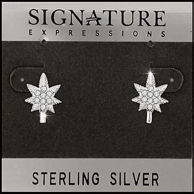 Sterling Silver Bud Leaf with 16 CZ Post Stud Earrings