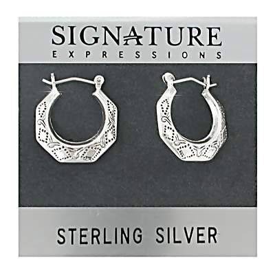 Sterling Silver Safety Pin Catch Octagon Hoops Engraved Earrings