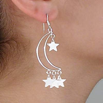 Sterling Silver Open Crescent With Dangle Stars Earrings