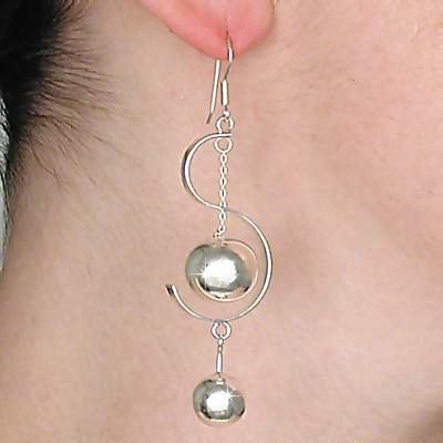 Sterling Silver Double Ball within S curve Dangle Earrings