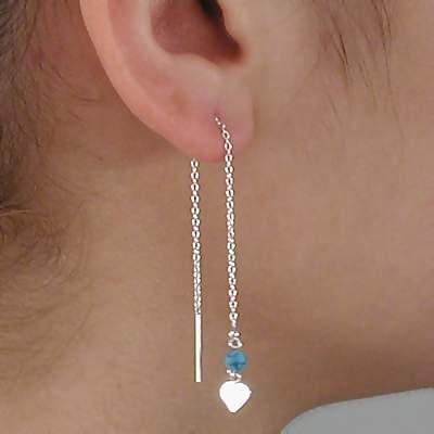 Sterling Silver Turquoise and Heart Dangle Ear Threads Earrings