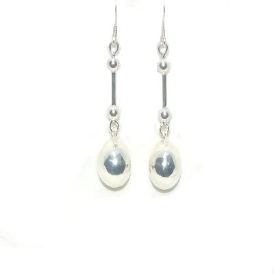 Sterling Silver Barbell And Puffball Dangle Earrings