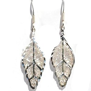 Sterling Silver Diamond Cut Filigree Leaf Dangle Earrings