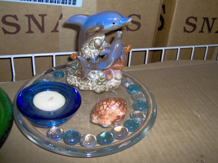 Hand Crafted Blue glass Tea-light holder and glass Dolphin Figurine