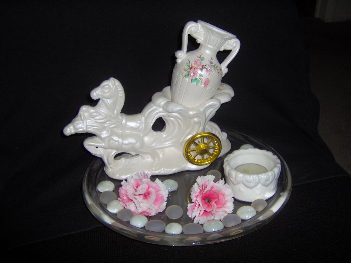 Hand Crafted White glass Tea-light holder and glass Horses pulling chariot