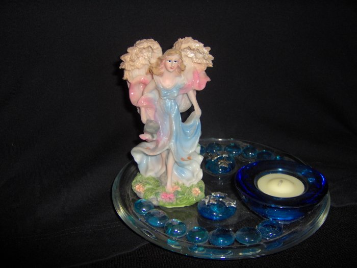 Hand Crafted Blue glass Tea-light holder and plastic Angel Figurine