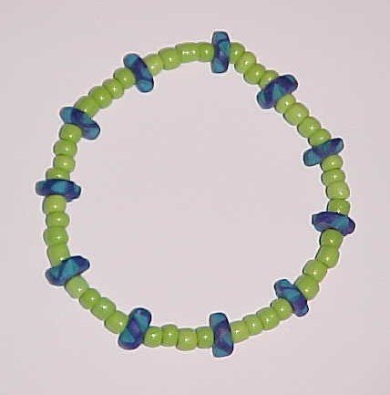 Lime Green and Blue Beaded Stretch Bracelet 7 inches