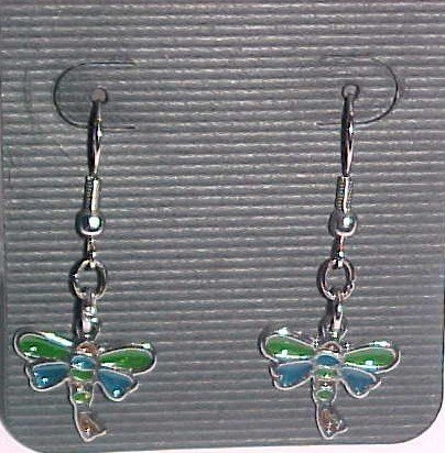 Stained Glass Green and Turquoise Dragonfly Butterfly Earrings (Pierced Ears)