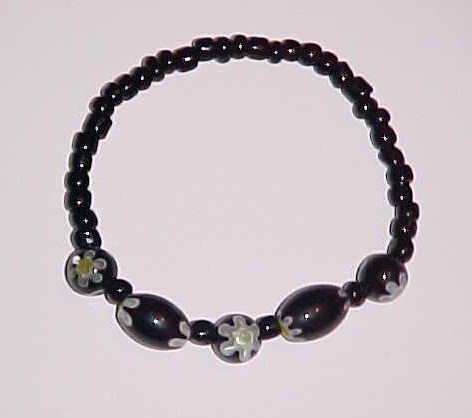 Black and Green Millefiori Glass Beaded Stretch Bracelet 6 - 6.5 inches