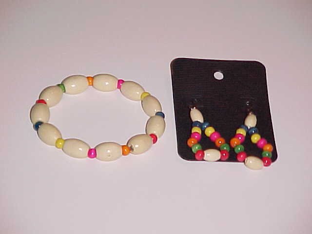 Multi-Colored Wooden Beaded Stretch Bracelet and Earring Set (Pierced Ears)