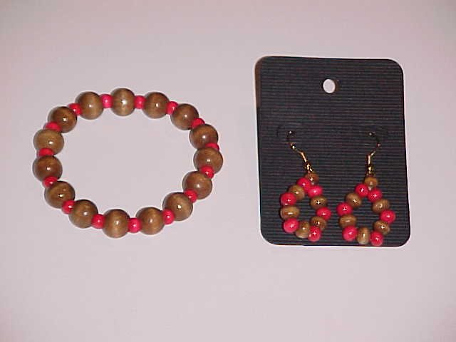 Brown and Red Wooden Beaded Stretch Bracelet and Earring Set (Pierced Ears)