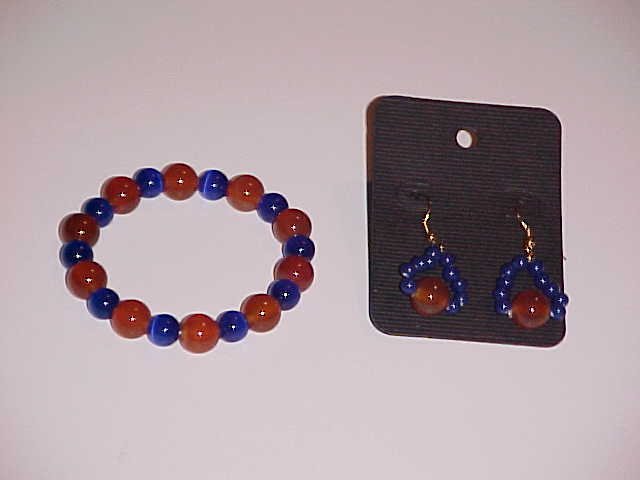 (SOLD) Carnelian and Blue Cat's Eye Glass Beaded Stretch Bracelet and Earring Set (Pierced Ears)