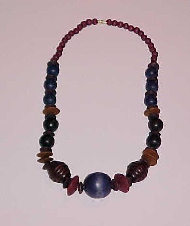 Navy Blue, Brown, Burgundy Beaded Wood Necklace