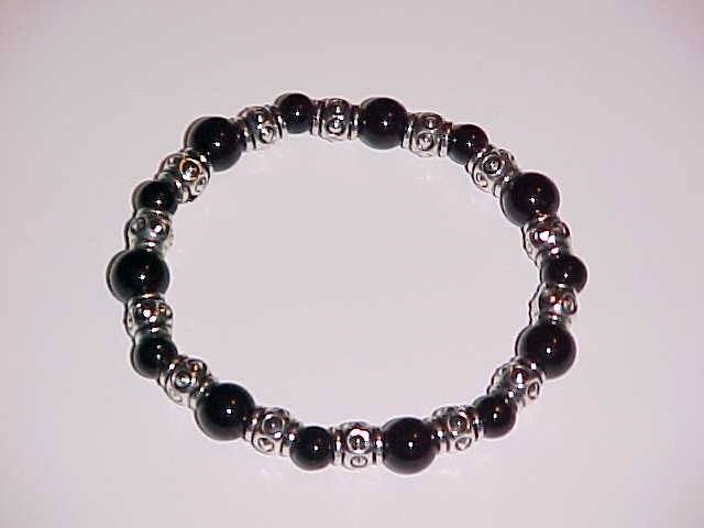 Black and Silver Beaded Stretch Bracelet 7 - 7.5 inches
