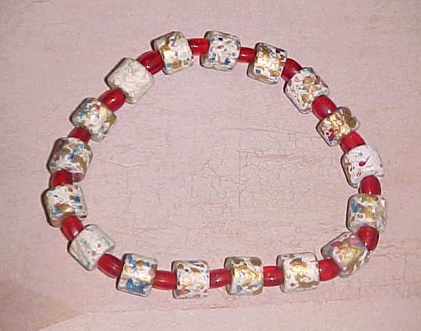 Multi-Colored Greek Ceramic and Red Glass Beads Stretch Bracelet 7.5 - 8 inches