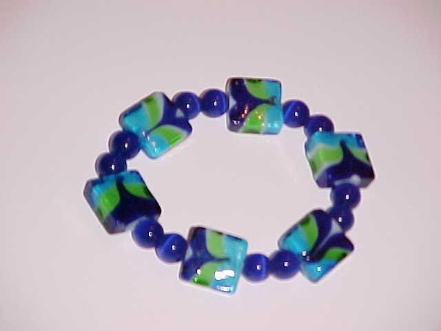 (SOLD) Blue, Lime Green, and Turquoise Beaded Stretch Bracelet 7 inches