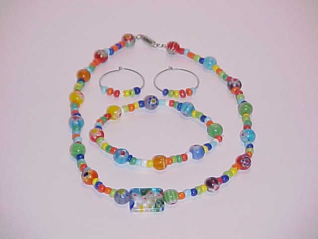 Multi-Colored Millefiori Glass Beaded Stretch Bracelet, Necklace & Earring Set (Pierced Ears)
