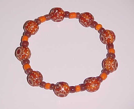 Orange and Brown Beaded Stretch Bracelet 6 inches