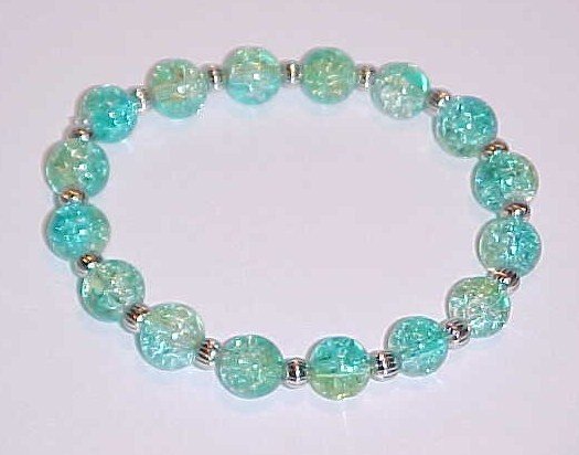 Blue-Green Crackled Glass Beaded Stretch Bracelet 7 inches
