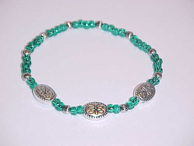 Dark Turquoise and Silver Glass Beaded Stretch Bracelet 7 inches