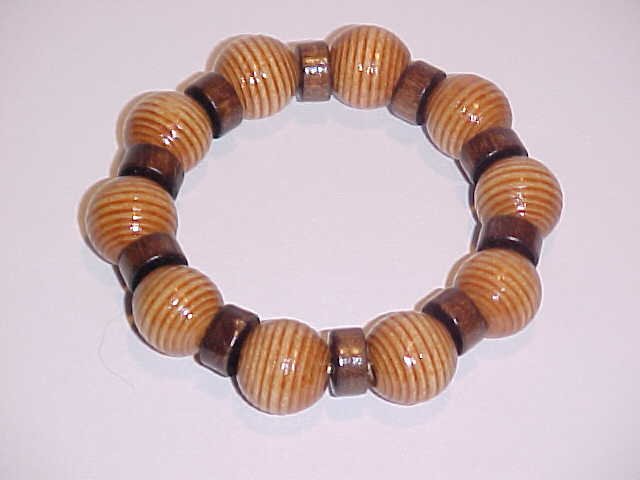 Tan Striped Beaded Wooden Stretch Bracelet No.2 7 inches