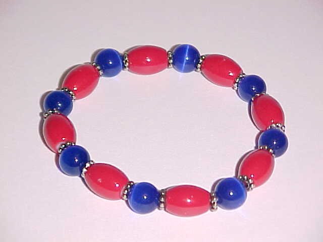 Red and Blue Glass Beaded Stretch Bracelet 7 inches