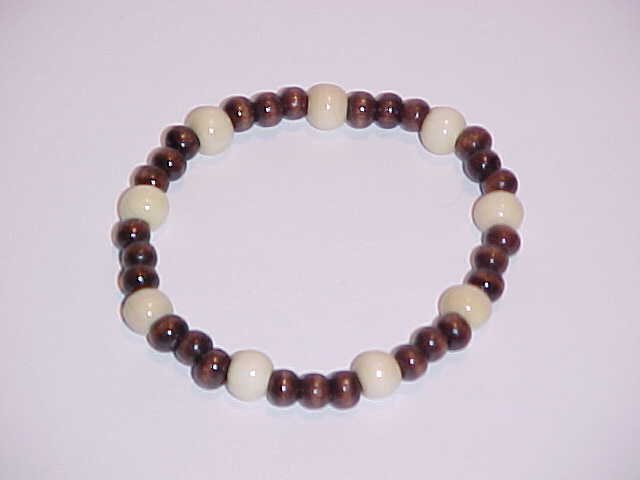 Dark Brown and Cream Beaded Wooden Stretch Bracelet 7 inches