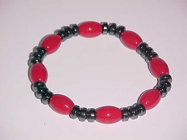 Red and Hematite Beaded Stretch Bracelet 7 inches