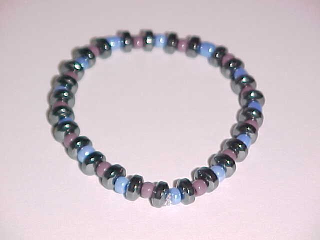 Purple, Periwinkle, and Hematite Beaded Stretch Bracelet 7 inches