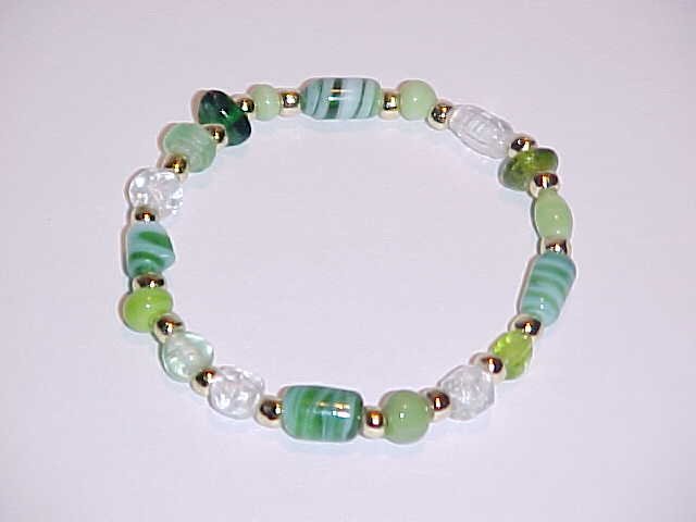 Cool Green and Gold Beaded Stretch Bracelet 7 inches