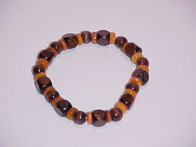 Brown Wooden and Orange Heishi Shell Bead Stretch Bracelet 7 - 7.5 inches