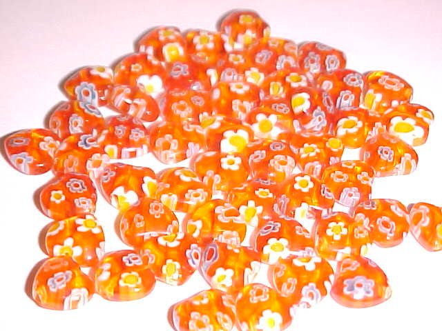1 Lot of 25 Red-Orange Millefiori Heart Beads 8mm