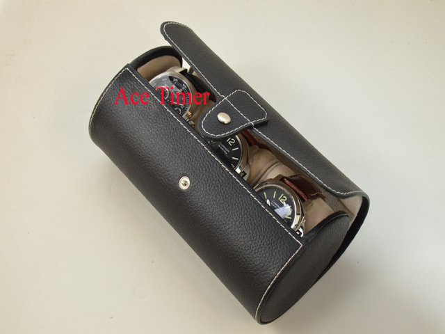 3 Watch Oval Black Genuine Leather Traveling Storage Case Fits up to 57mm