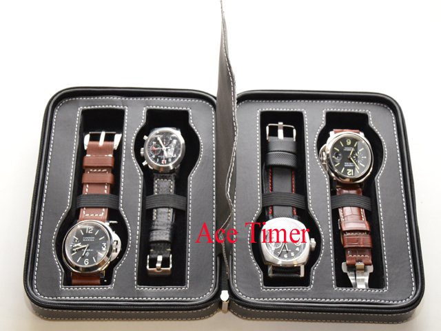 4 Watch Black Leatherette Zippered Traveling & Storage Case Box Fits Up to 60mm