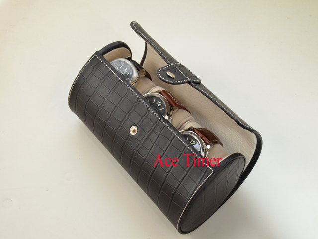 3 Watch Oval Black Genuine Leather w/ Alligator Grain Traveling Storage Case