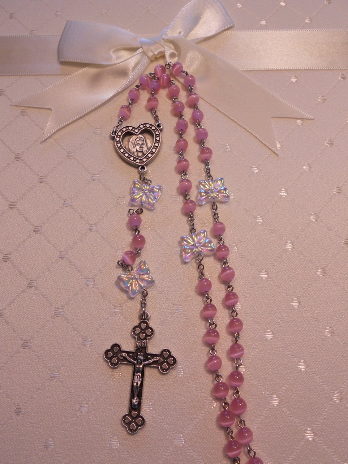 Pink Cat Eye and Clear Butterfly Rosary