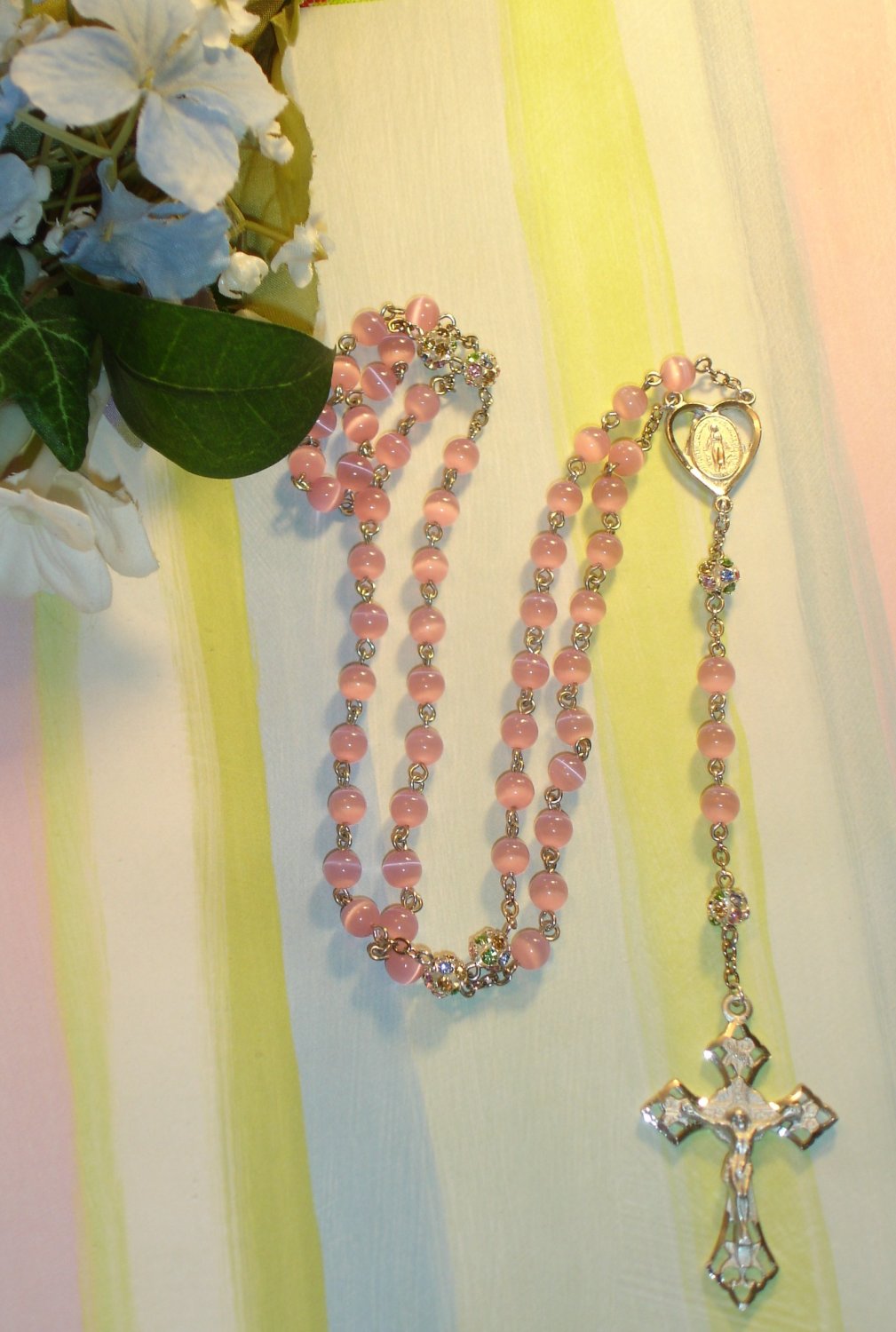 Pink Cat Eye and Gem Handmade Rosary