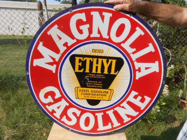 Vintage Sign Magnolia Gasoline Porcelain Double Sided Orig Gas Oil