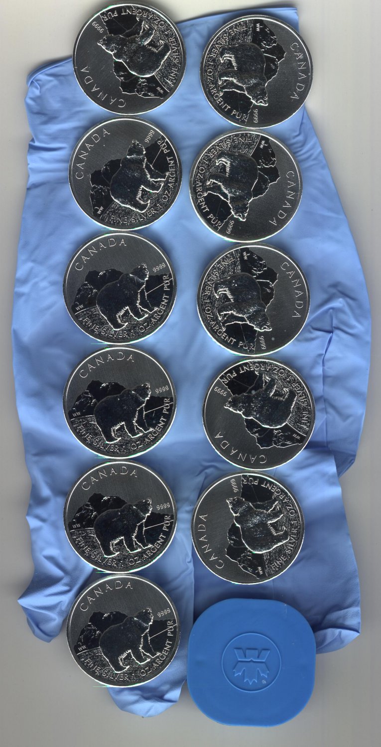 2011 CANADIAN GRIZZLY BEARS X23 1 OZ .9999 SILVER $5 COIN