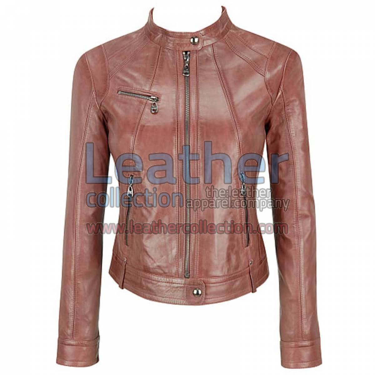 Banded Collar Washed Leather Scuba Jacket In Brown