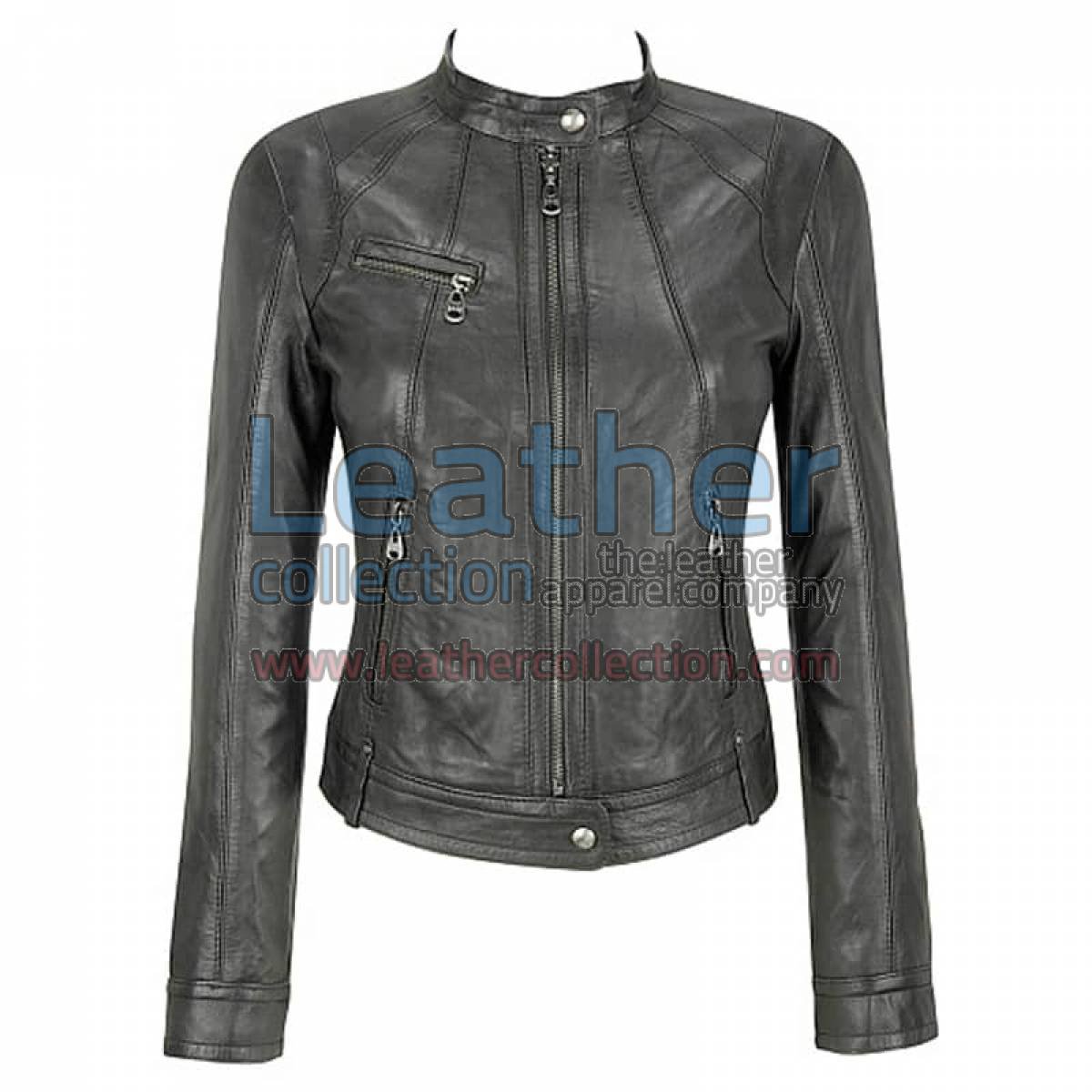 Banded Collar Washed Leather Scuba Jacket in Gray