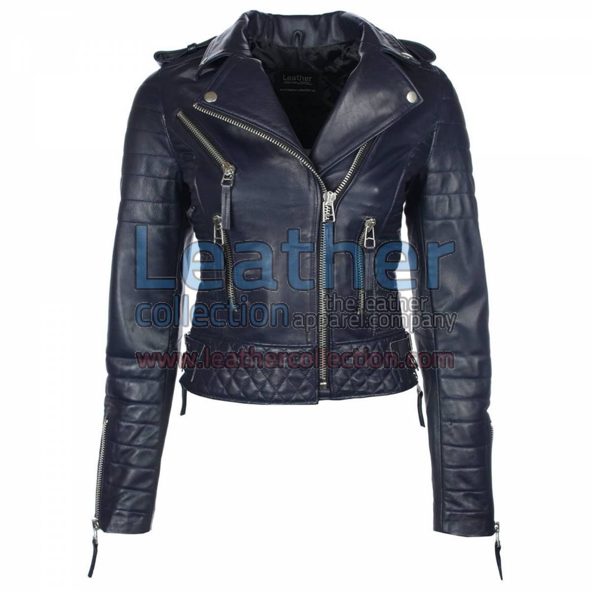 Biker Womens Navy Quilted Leather Jacket