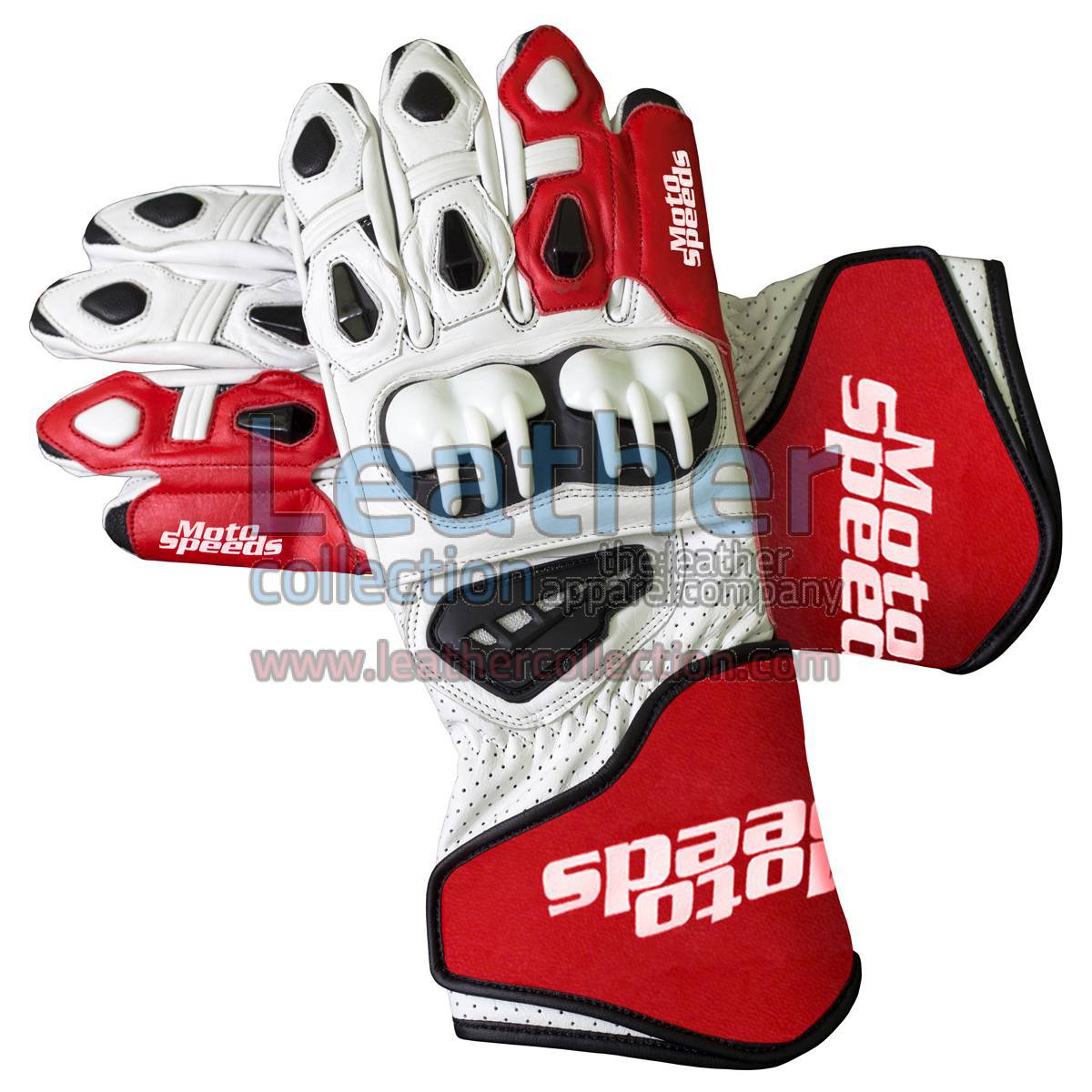 Red & White Leather Moto Gloves