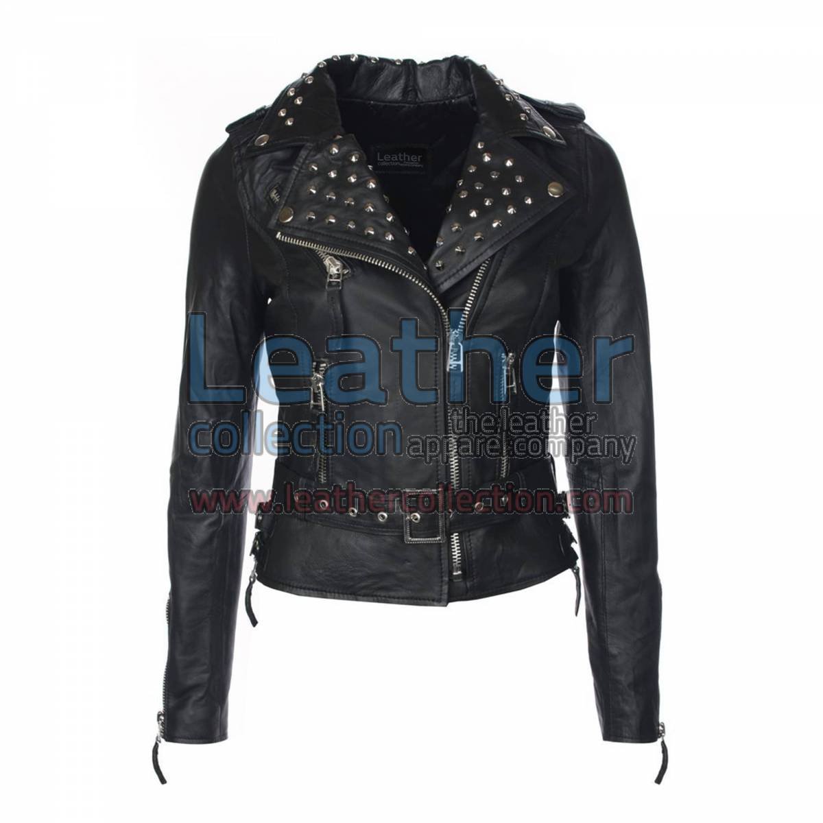 Womens Studded Collar Biker Leather Jacket