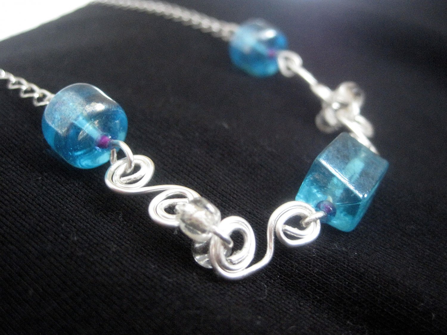 Silver Plated Necklace and Earrings with Blue Beads and Wire Work