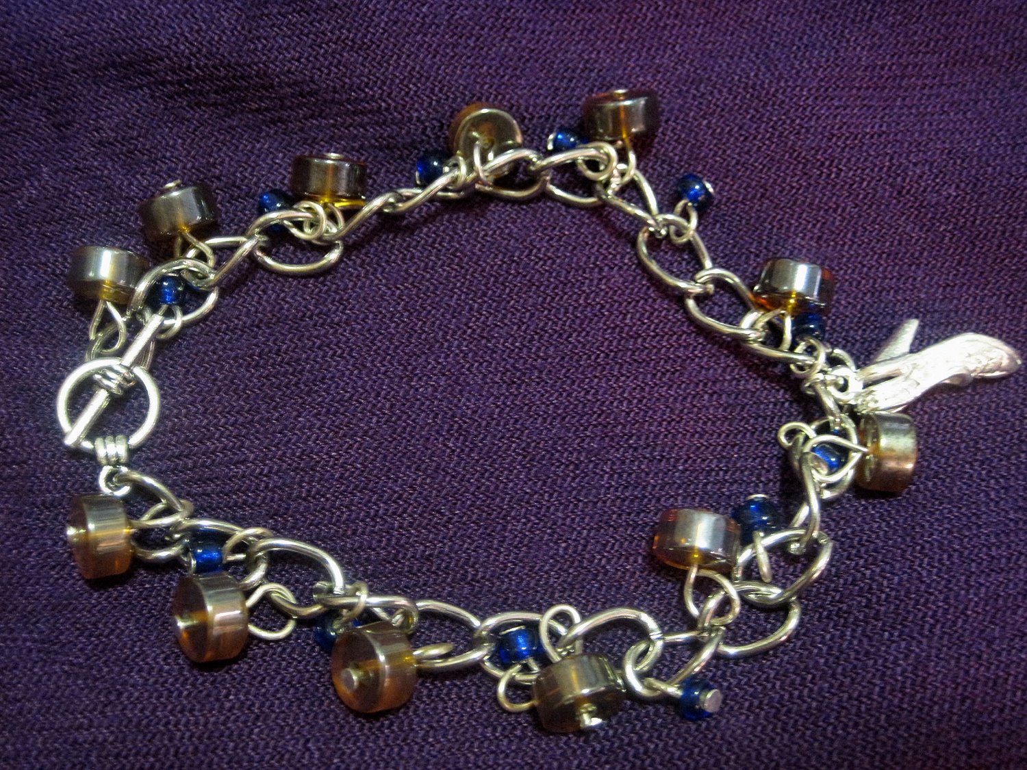 Amber and Cobalt Blue Bracelet with Silver Plated Shoe Charm